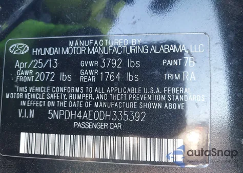 2013 Hyundai Elantra Limited z USA, uszkodzony, nr VIN 5NPDH4AE0DH335392